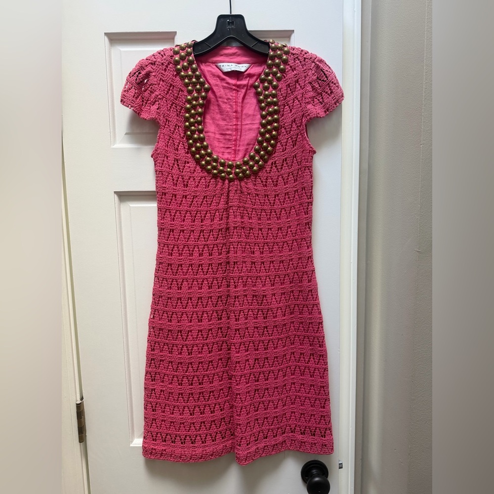Trina Turk Pink Crochet Dress with Gold Studded Neckline